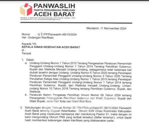 Surat Pemanggilan dari Panwaslih Aceh Barat