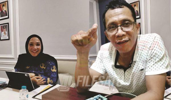 H. Asep Agustian SH, MH dan Plt Kabid Sarpras Dishub Karawang yang juga PPK Pengadaan dan Pemasangan Marka Jalan, Niken Dihe