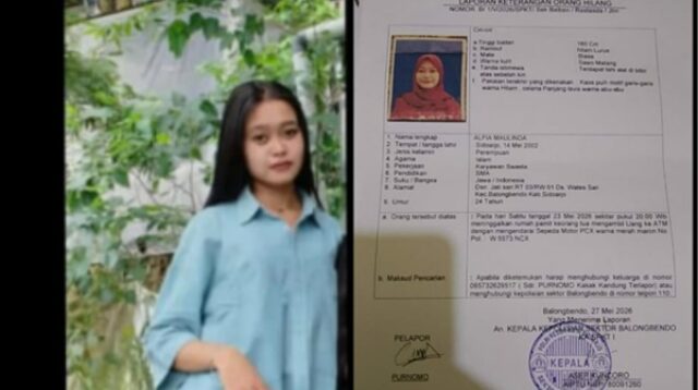 Gadis 24 Tahun Asal Balongbendo Dilaporkan Hilang