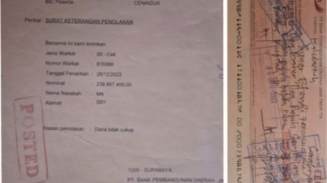 Cek Rp239,8 Juta yang Ditolak Bank
